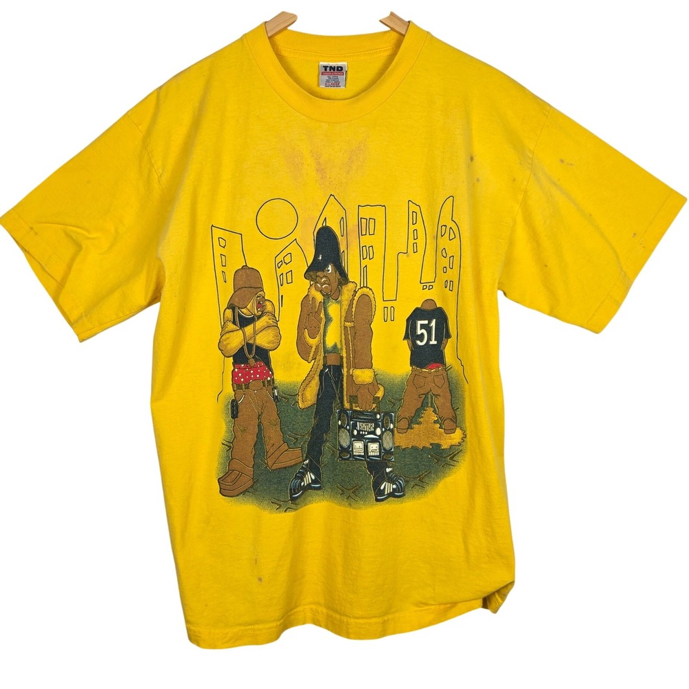 VTG TND Tornado Activewear Mens T Shirt XL Yellow Hip Hop Graphic 2000s Y2K Rare